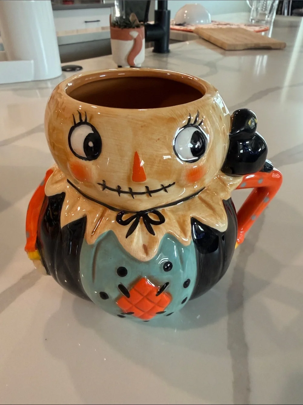 Whimsical Orange & Teal Ceramic Scarecrow Mug